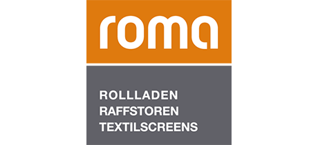 Logo von Roma mit den Produkten Rolladen, Raffstoren und Textilscreens